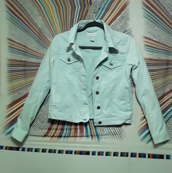 Forever 21 Girls Age 12-13 (152-158cm) Light Blue-Green Denim Type Jean Jacket - Picture 6 of 16